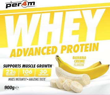 Per4m Whey Protein Powder | High Protein Shake for Muscle Growth & Recovery | Low Sugar Gym Supplement | Sports Nutrition Drink + Amino Acids (900g, Banana)