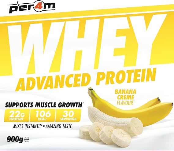 Per4m Whey Protein Powder | High Protein Shake for Muscle Growth & Recovery | Low Sugar Gym Supplement | Sports Nutrition Drink + Amino Acids (900g, Banana)