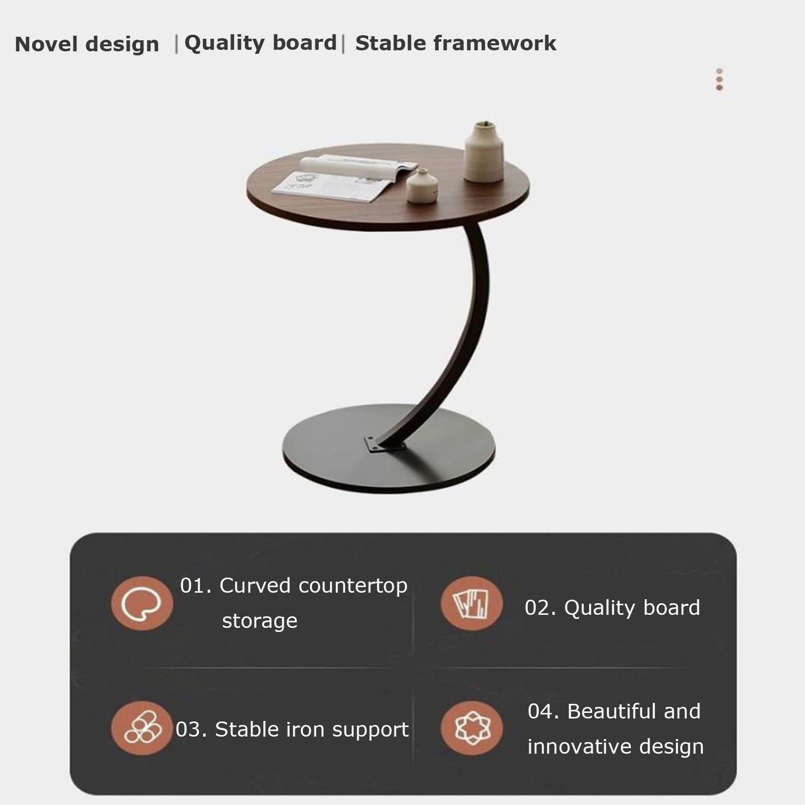 JATIBOSH Mesa de Café Tipo C, Bonito Aspecto de Nogal, Mesa de Centro Redonda, para SofáS, Salas de Estar, Dormitorios, Etc.DiáMetro de La Mesa 40 Cm/15.75 Pulgada.