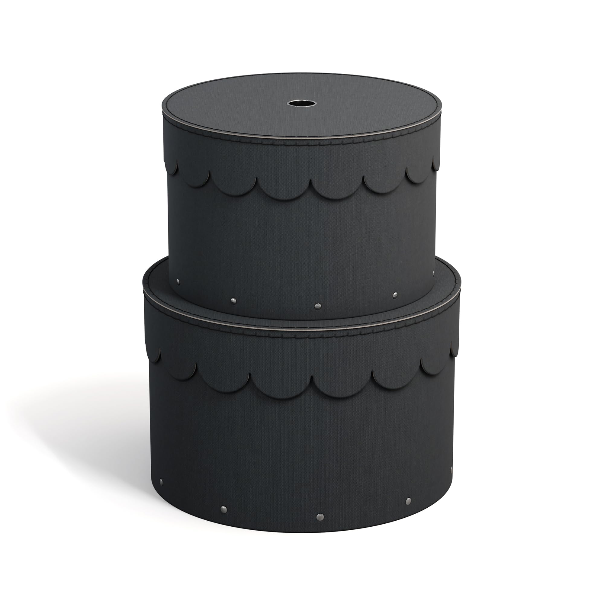 Bigso Box of Sweden Set of 2 Decorative Paper Round Storage Boxes with Lids - Stackable Hat Box Style Storage Containers - Small Box Organisers for Bits & Bobs - Dark Grey