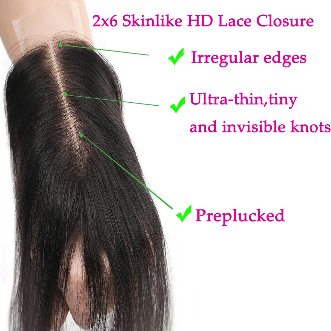 2x6 Human Hair HD Transparent Straight Lace Closure Skinlike 18inch 100% Virgin 2x6 Human Hair Middle Part Kim K Closure Brazilian 2x6 Straight HD Closure Natural Black glueless pre plucked bleached