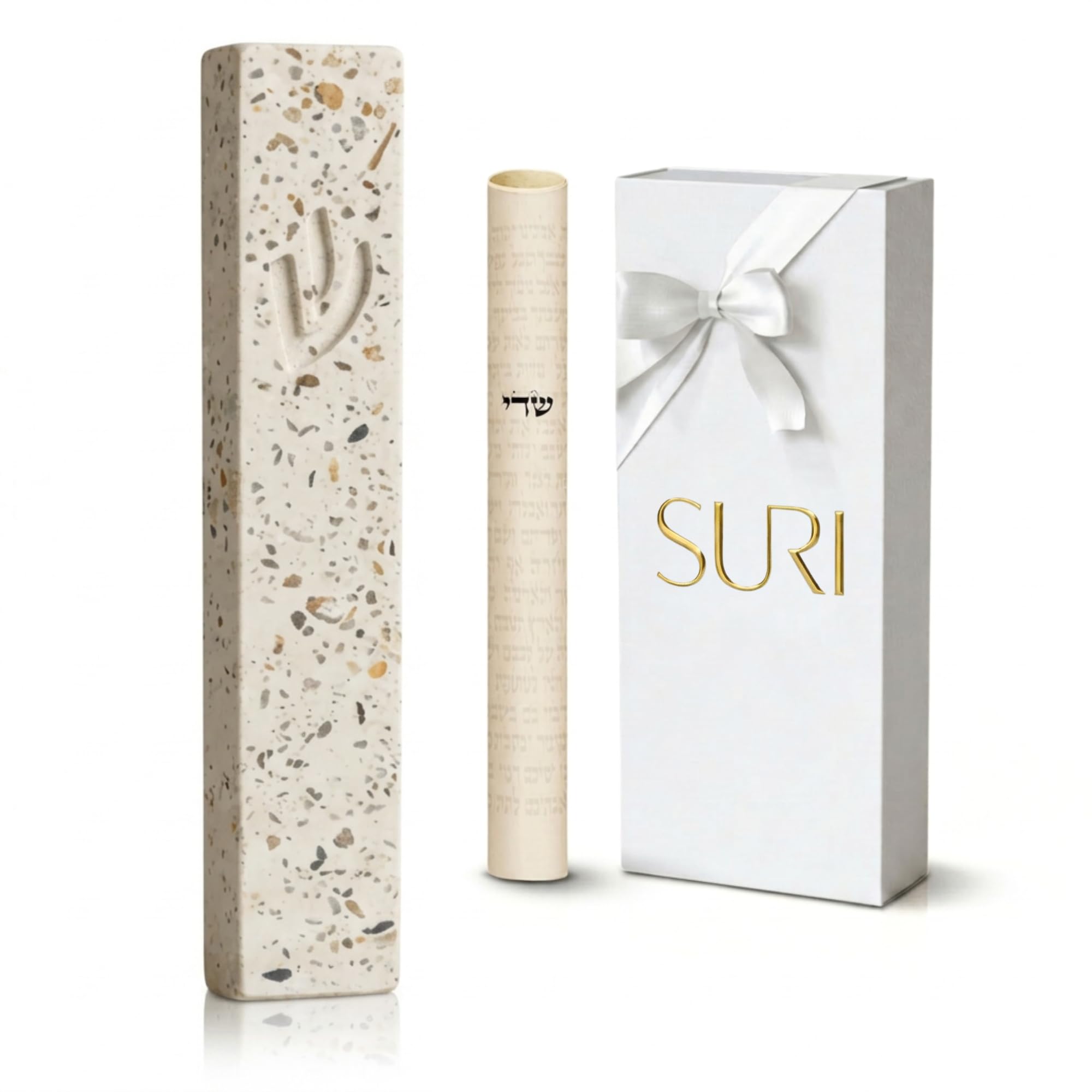 SURI Mezuzah Case – 5 Inch Terrazzo Cream and Pink Concrete Jewish Door Mezuza Cover with Non Kosher Scroll, Self-Stick Adhesive, Fits a 4 Inch Scroll, Gift Box Included