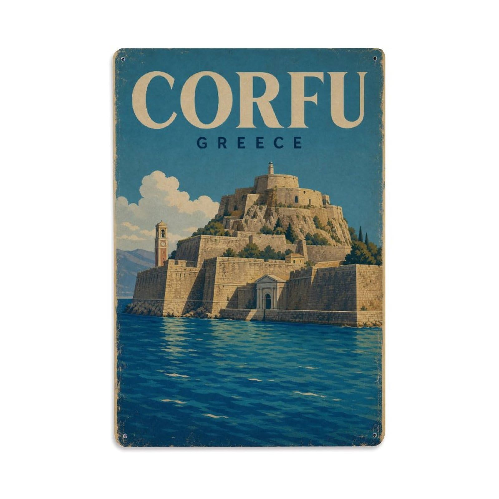 Retro Travel Greece Corfu Metal Tin Sign Plaque Wall Decor for Cafe, Club Bar, Office, Garden Metal Poster 8x12Inch