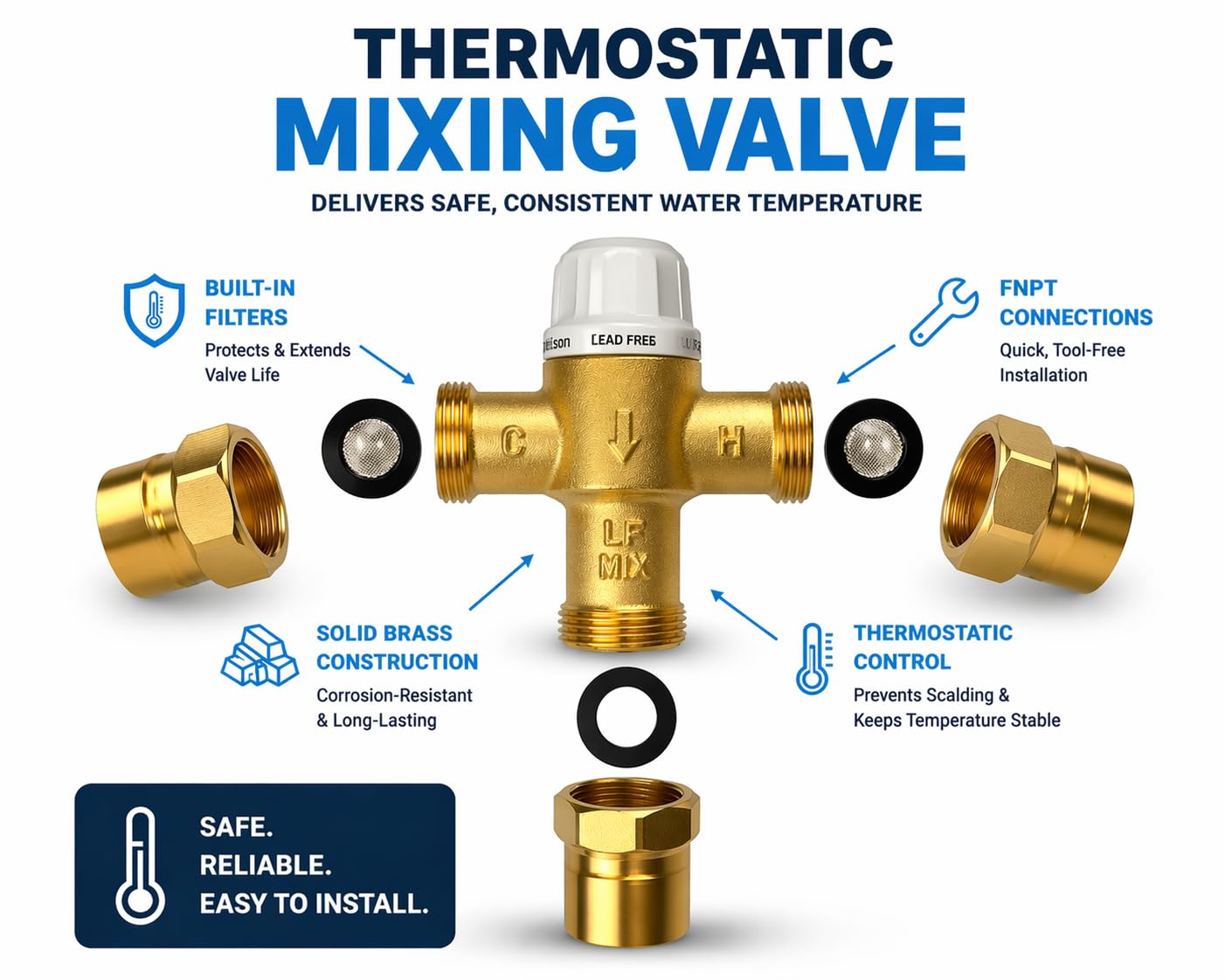 Válvula mezcladora termostática (TMV) tipo FNPT de 1,27 cm con control preciso de la temperatura del agua. Caudal máximo de 10 GPM. Rendimiento fiable para aplicaciones residenciales y