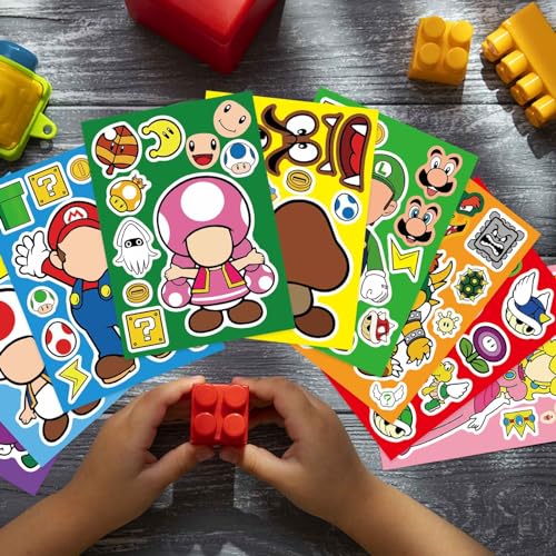 Image of 36 Sheets Mario Make a Face Stickers, Cartoon Book Crafts, DIY Party Supplies Favors Your Own Mixed and Matched with Different Designs Characters Birthday Gifts Class Reward Decor, Recommended Age 13