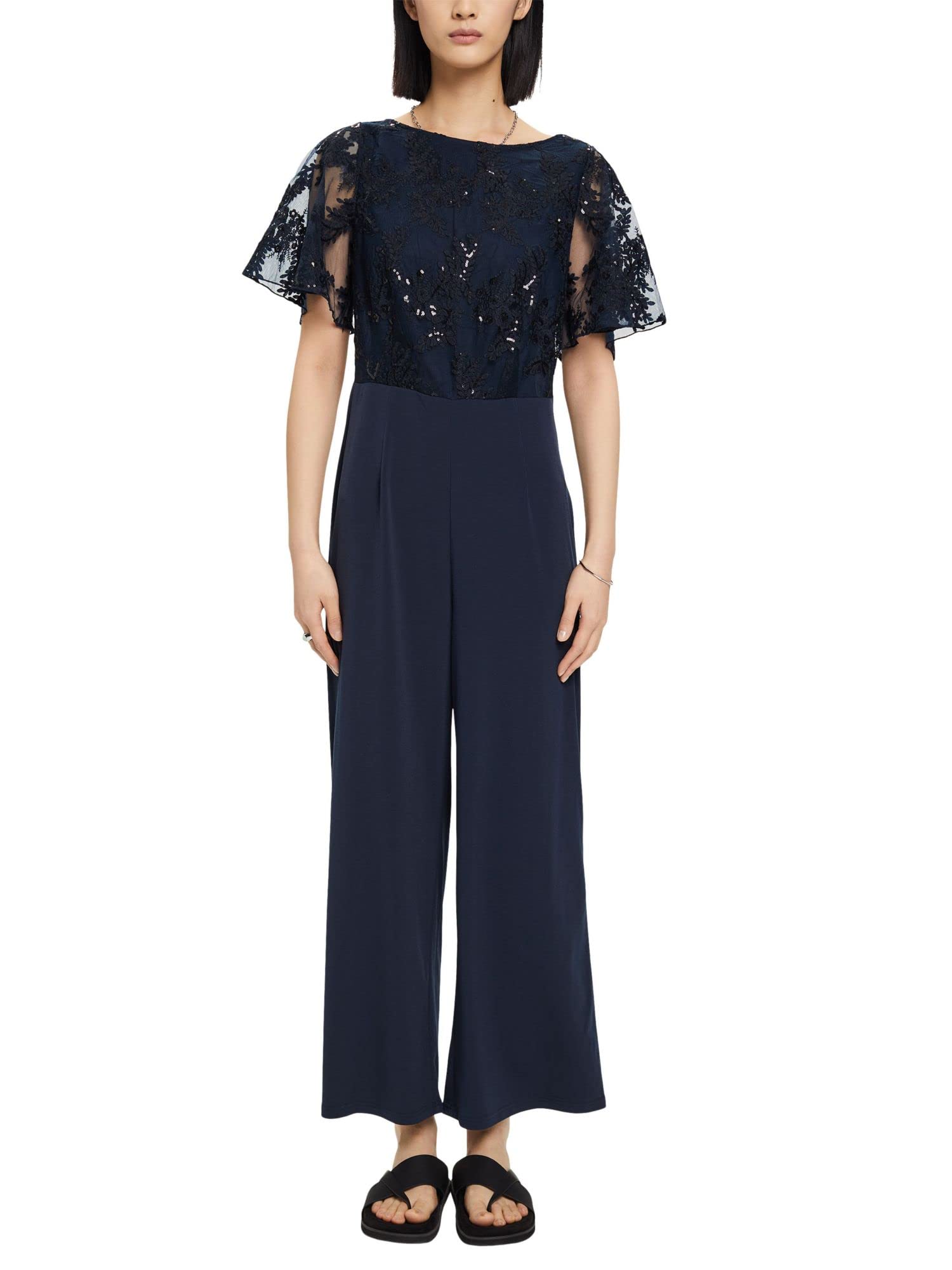 ESPRIT Collection Jersey Jumpsuit with Floral Embroidery on Top, 400/Navy, L