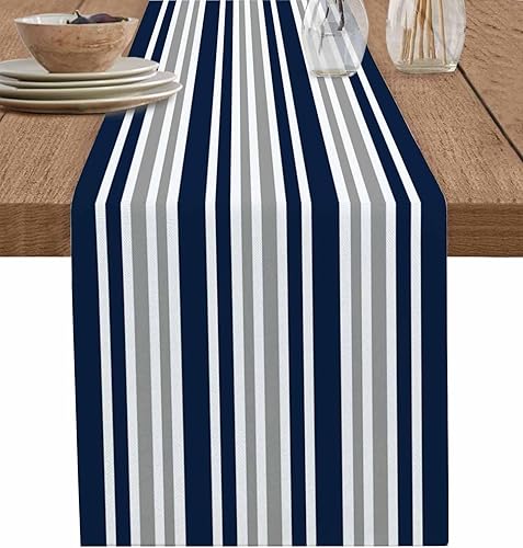 Miniatura 1 de Camino de mesa a rayas azul marino gris blanco lino de algodón largo 72 pulgadas para cocina café comedor sofá mesa dormitorio salón bufanda