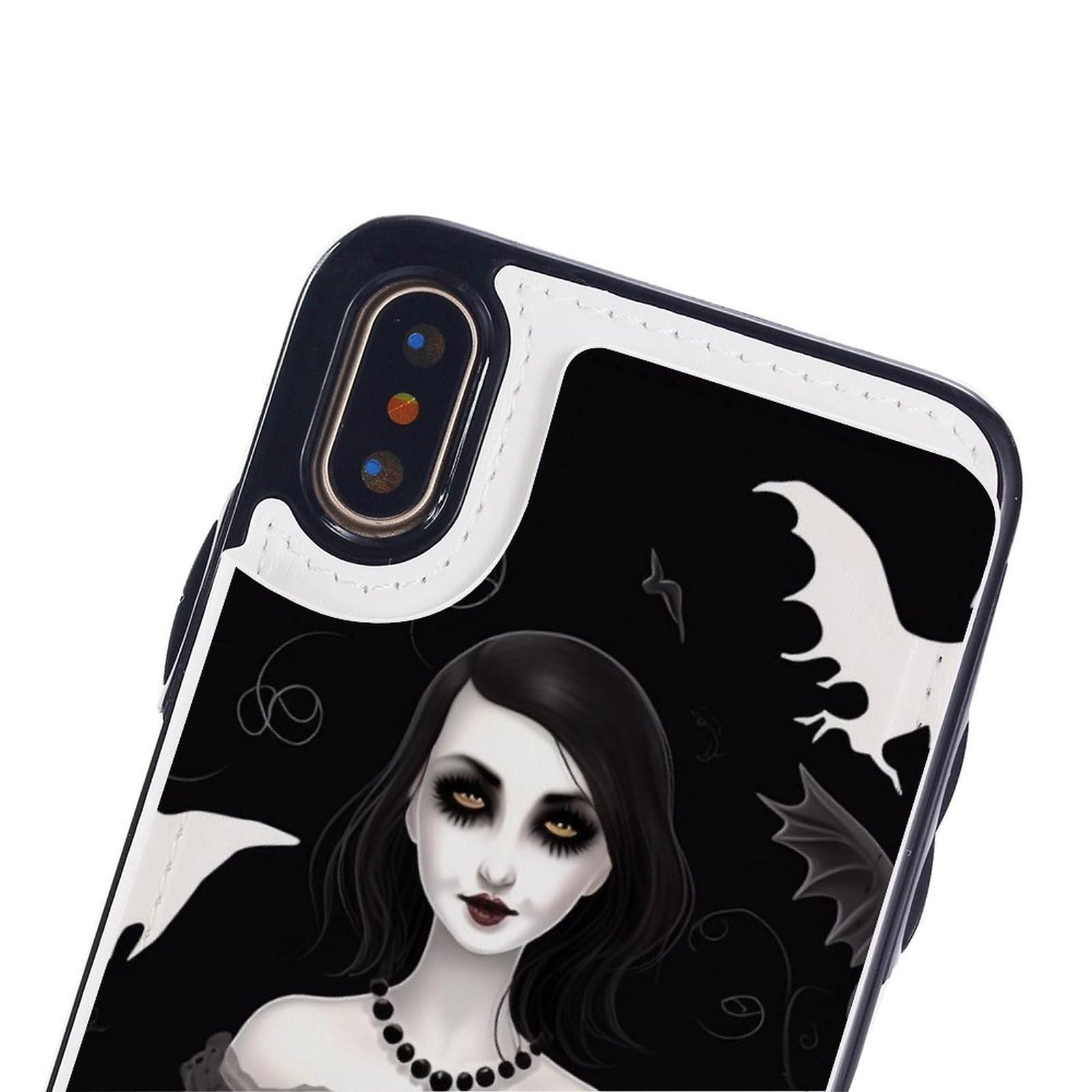 Etui portfelowe na iPhone'a X/XS, Halloween gotyckie nadruki skórzane etui na telefon z klapką z przegródkami na karty