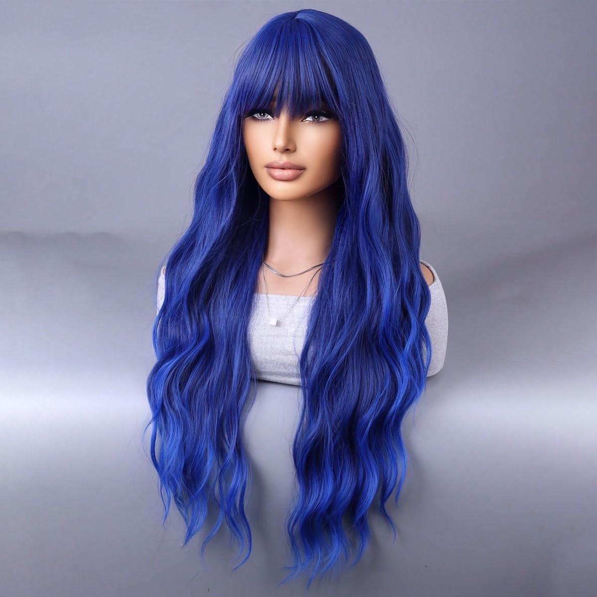 YEESHEDO Long Blue Hair Wigs Fringe for Women Girls Natural Curly Wavy Synthetic Colorful Wig for Festival Halloween Outfit Party Cosplay or Daily 28 Inches,dark blue - Image 2