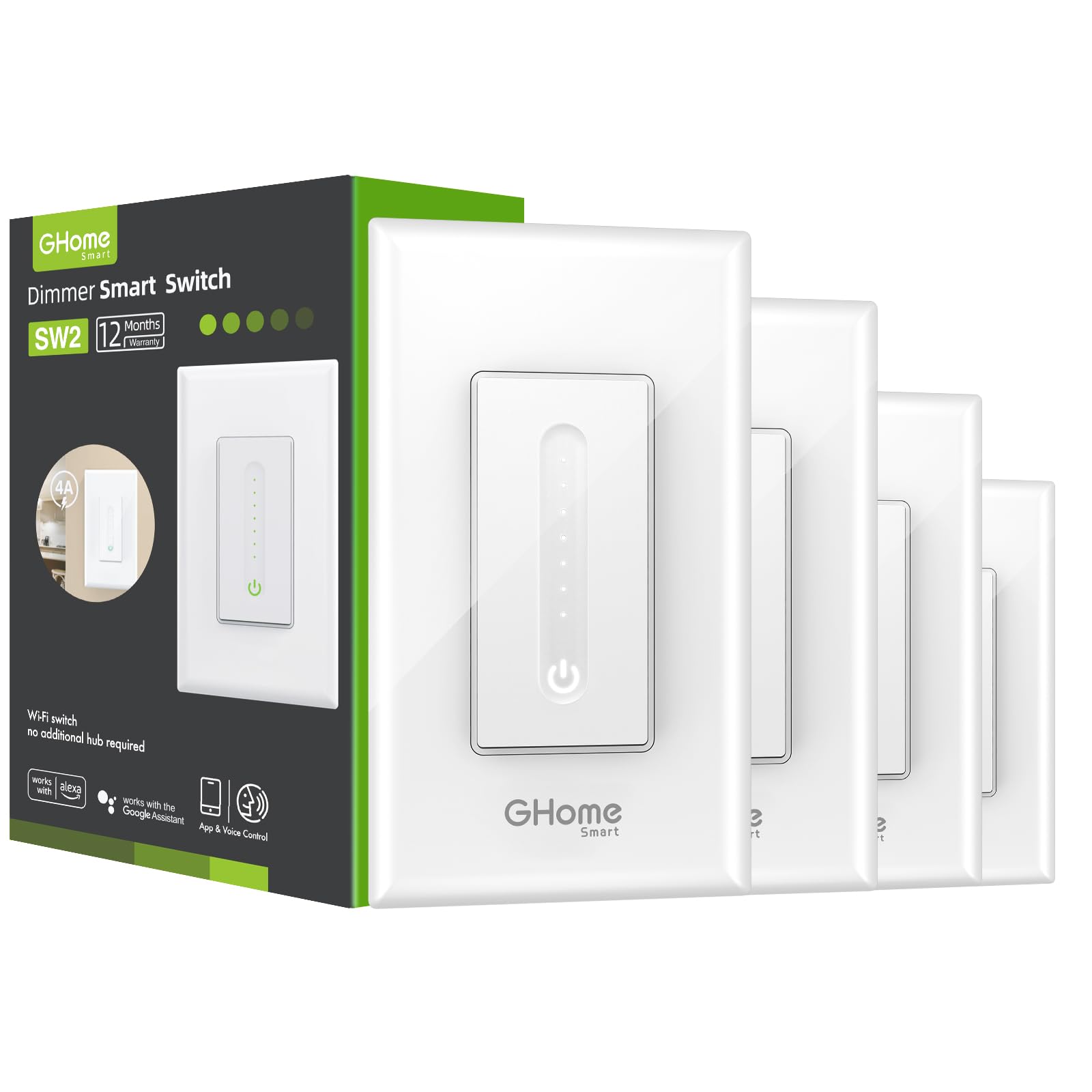 Ghome Smart Dimmer Switch - 2.4GHz Wi-Fi Smart Switch Compatible with Alexa and Google Home, White 4 Pack