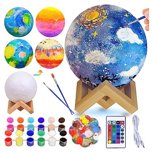 Ulikey Lámpara Luna Kit de Pintura, Lámpara de Luna Set de Manualidades Niños con Pincel y Soporte de Madera, Luz Nocturna 3D Kit Creativo Manualidades, Suministros de Arte Regalo Para Niñas y Niños