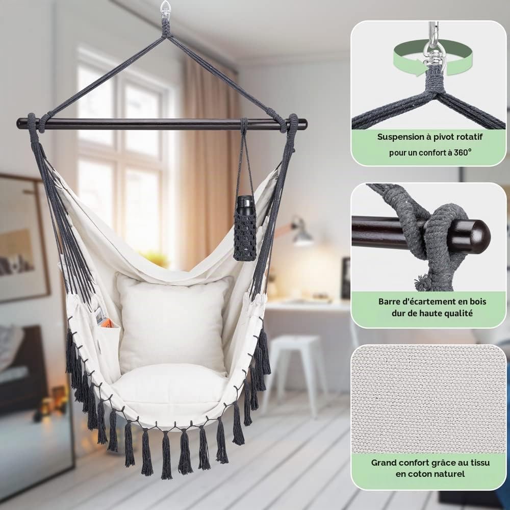 Chaise Suspendue Beige avec Coussins Fauteuil Suspendu XL hamac Coton avec Franges capacité 150kg intérieur extérieur