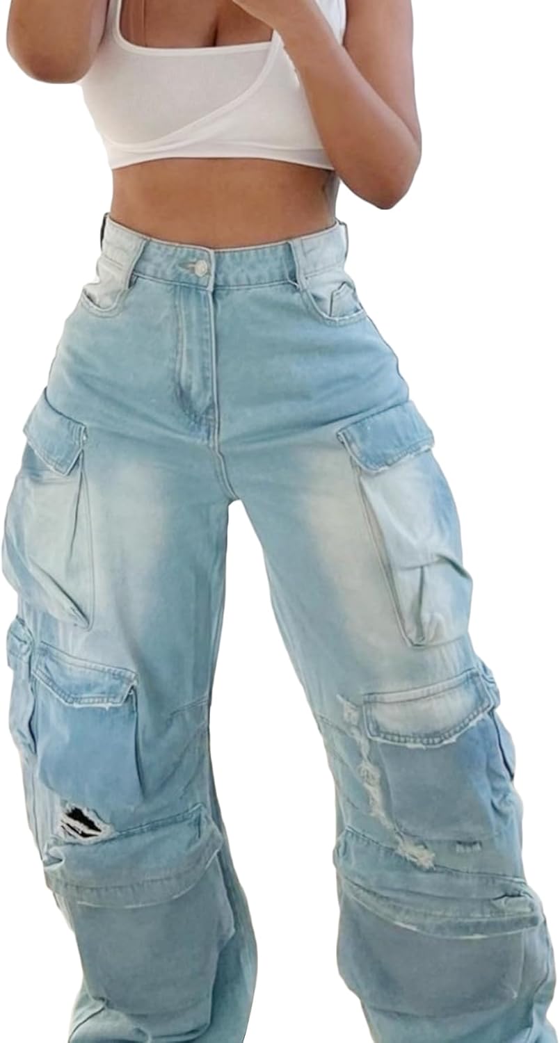 LKOUS Women’s Cargo Baggy Straight Jeans Streetwear Y2K High Waist Wide Leg Denim Pants with Multiple Pockets