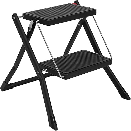 Taburete de 2 escalones, ligero, portátil, plegable, plegable, pequeña escalera de metal con pedal ancho antideslizante, resistente con capacidad de