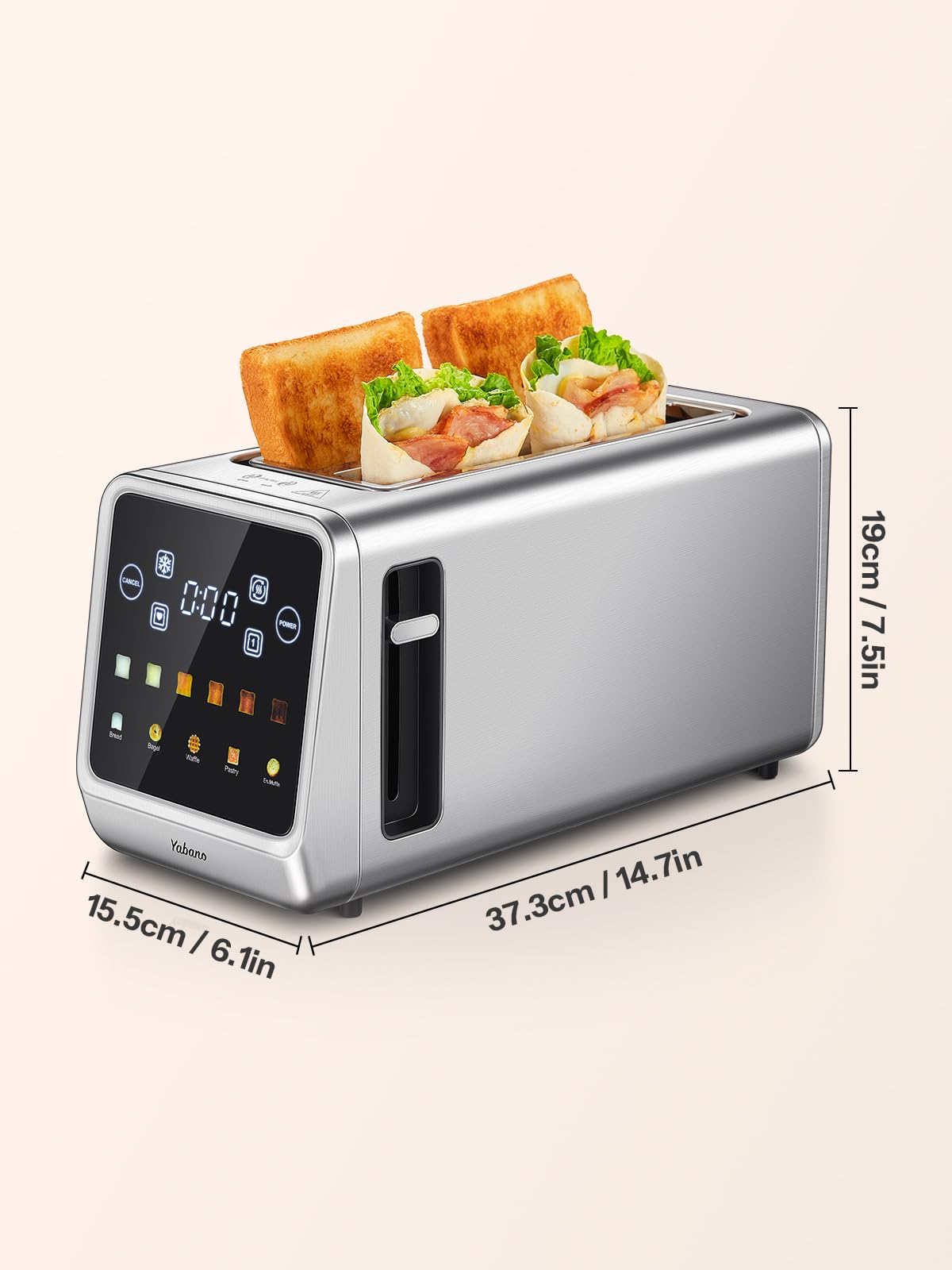 Yabano Tostapane digitale intelligente con touch screen, funzione memoria, tostatura singola, timer, riscaldamento e scongelamento per bagel, pane, waffle, muffin, acciaio inox