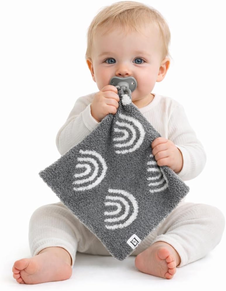 L+L USA Rainbow Baby Lovey Pacifier/Teether Holder 10"x10" - DreamSoft Plush Fluffy Cuddly Soothie Reversible Mini Comfort Blanket - Cute Newborn Gift Essential Babies Boys Girls (Charcoal/White) image 4