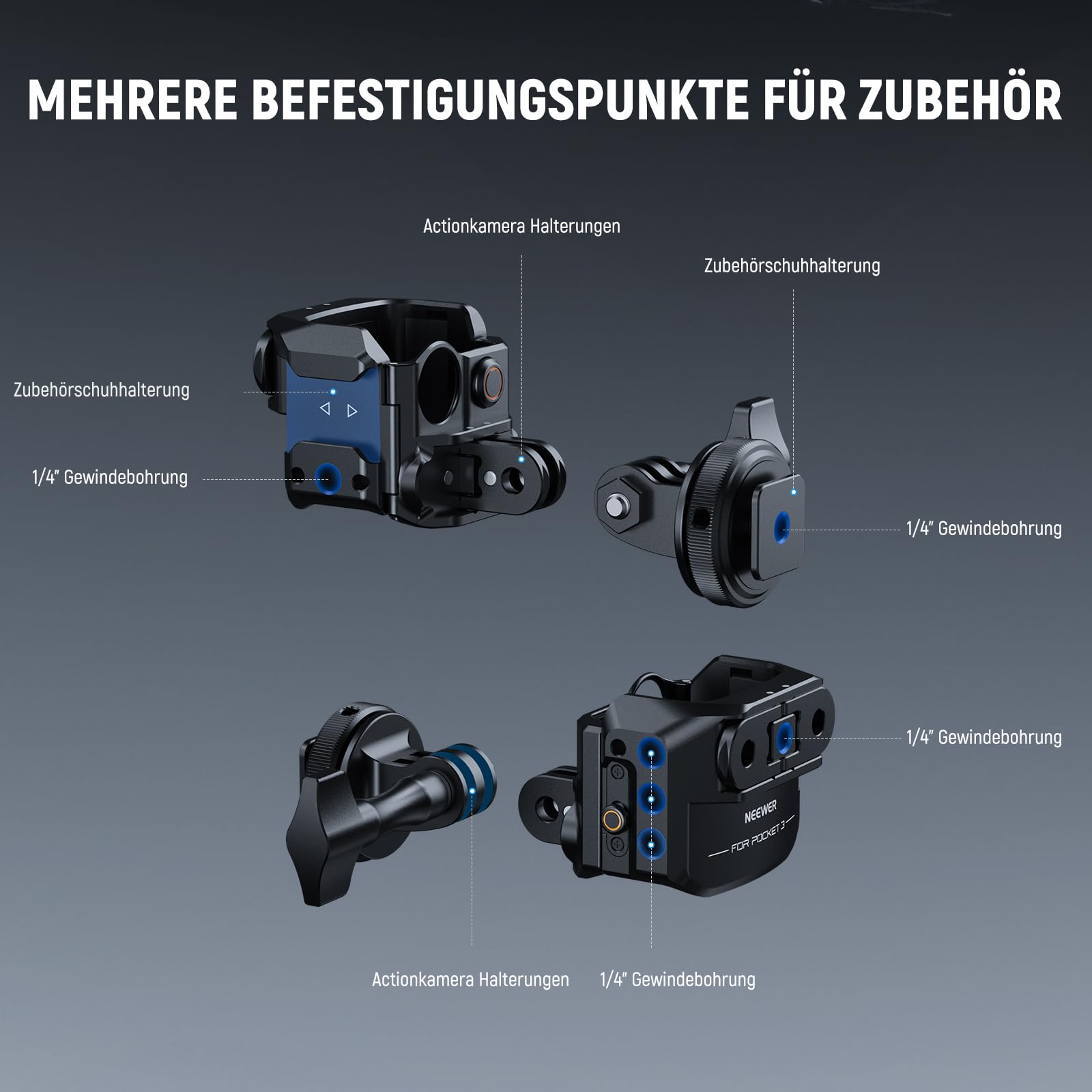 NEEWER Pocket 3 Käfig Kompatibel mit DJI Osmo Pocket 3 & Creator Combo Zubehör, Gimbal Videoaufnahme Erweiterung Rig mit Action Camera Adapter, 1/4" Gewinde, Cold Shoe, Reinigungstuch, AC009