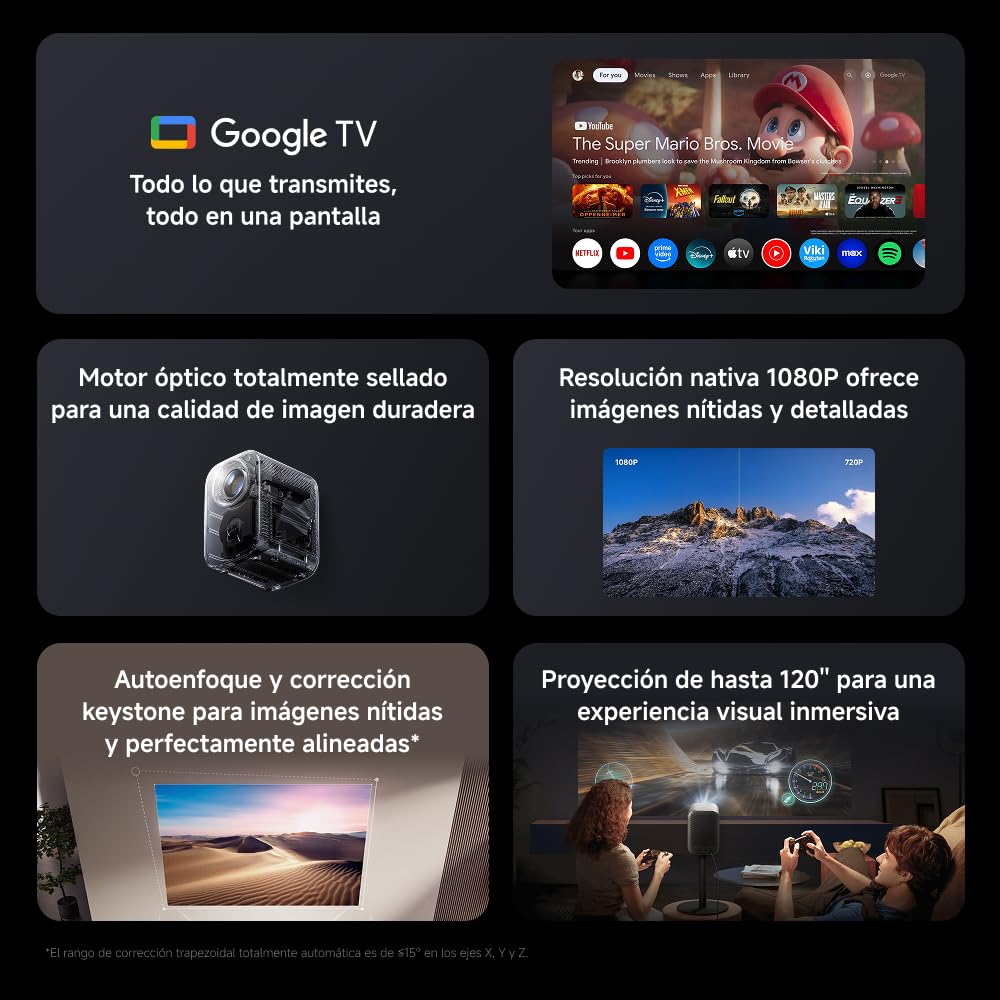 Xiaomi Smart Projector L1 EU, Autoenfoque, proyección de hasta 120 Pulgadas, luminosidad 200 LM, mín: 160 LM @ 15 min ANSI, Sistema operativo Google TV