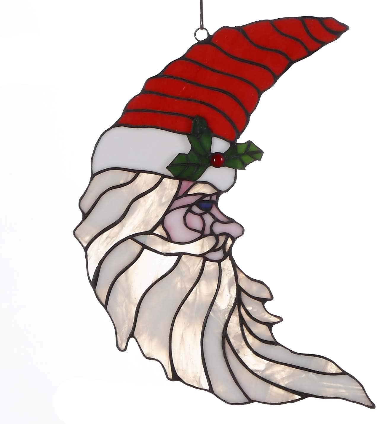 Bieye W10019 Santa Claus Head Moon Tiffany Style Stained Glass Window Panel with Hanging Chain, 11" W x 15" H