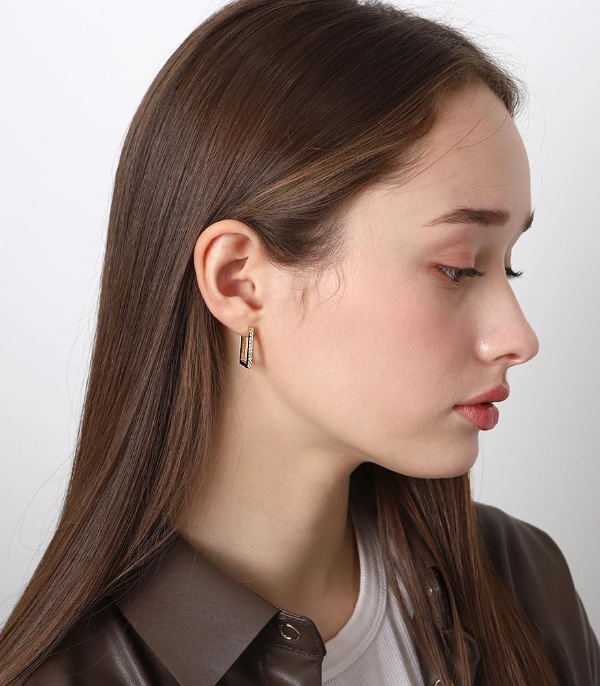 OZEL – Huggie Hoop Earrings with a Set of Cubic Zirconia Stones for Women – 14k Yellow Gold/White Gold Plated/Circular/Semi-circular/U-Shape/Round Square (Made in Korea) - Image 2