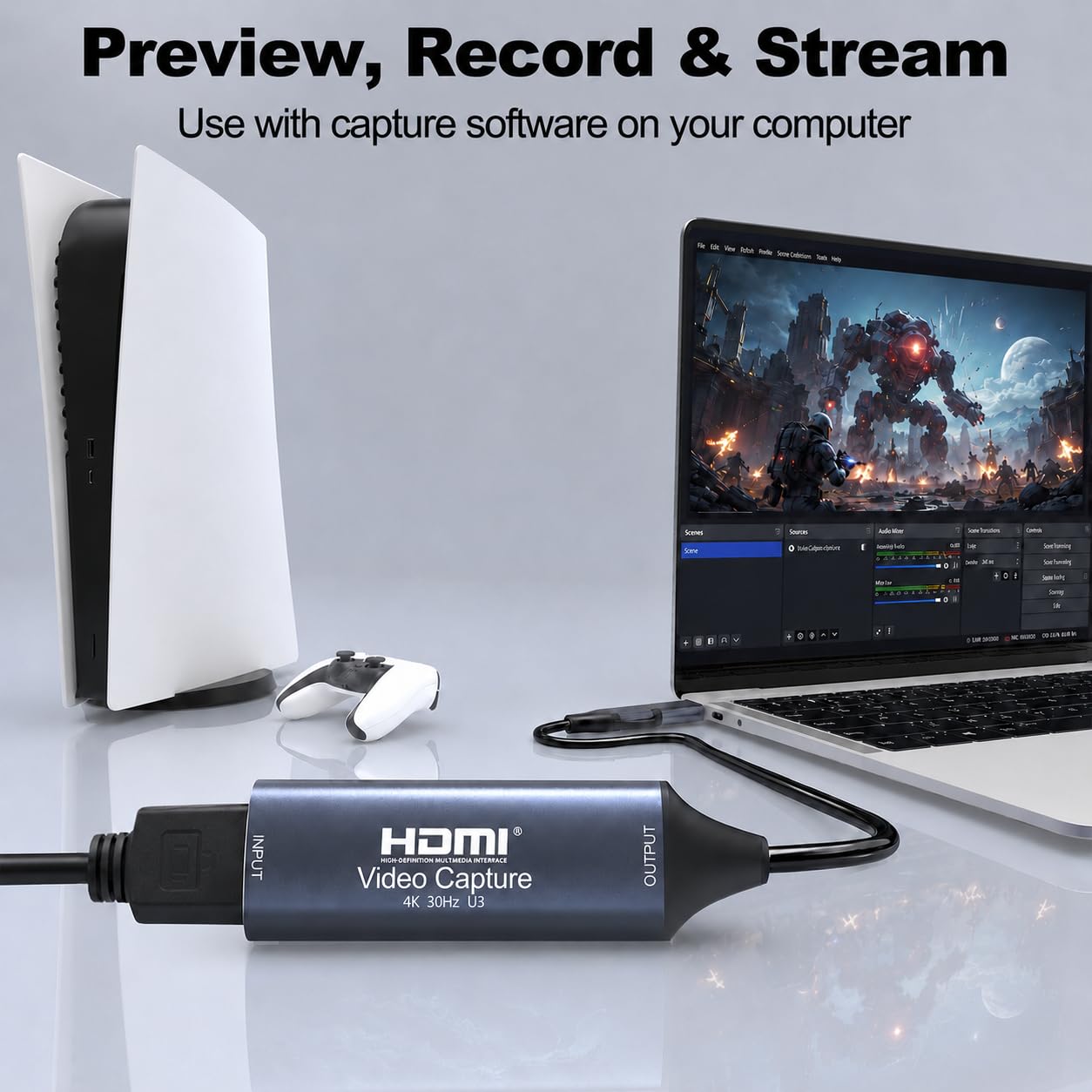 Tarjeta de captura de video HDMI, conectores duales USB-A y USB-C, entrada HDMI 4K a USB 3.0, captura de 1080P 60 FPS para grabación de transmisión de juegos, OBS/VLC, PS5 Switch Xbox Camera Windows
