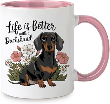 Pink & White Dachshund Ceramic Mug, Cute Sausage Dog Cup for Home & Office, High-Temperature Coffe Mug with Comfortable Grip, Dachshund Gifts for Women & Animal Lovers