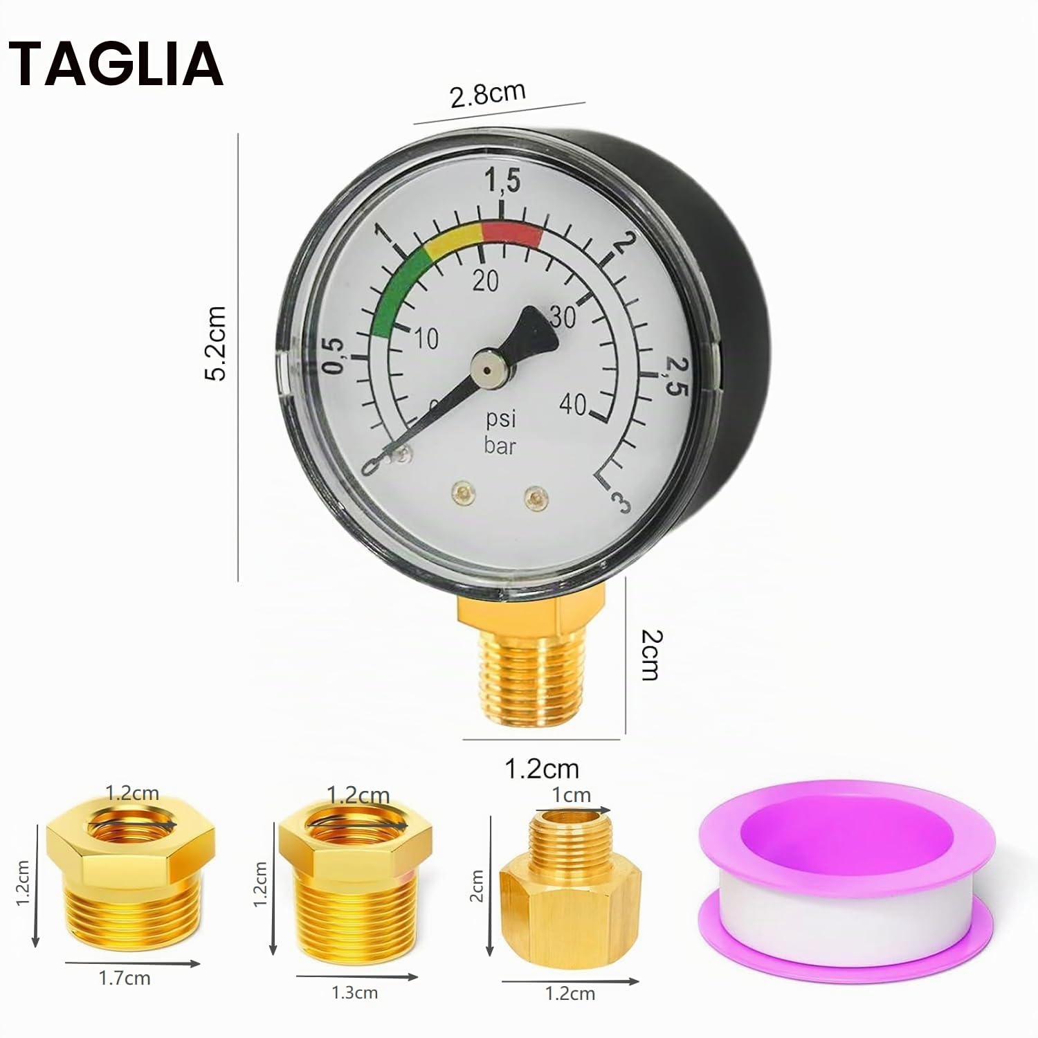Manometro per acqua, 1/4 pollici, manometro di pressione per piscina, doppia scala, robusto alloggiamento in acciaio inox, facile da installare, durevole, versatile, per piscina, laghetti e