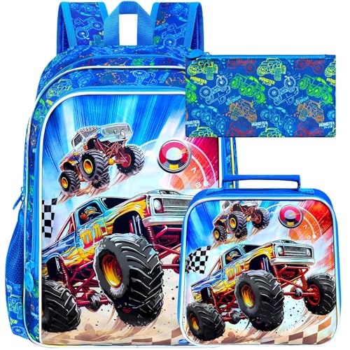 UFNDC Conjunto de mochila escolar infantil – Mochila de caminhão azul com lancheira, 3 peças resistentes à água para meninos de pré-escola e ensino fundamental