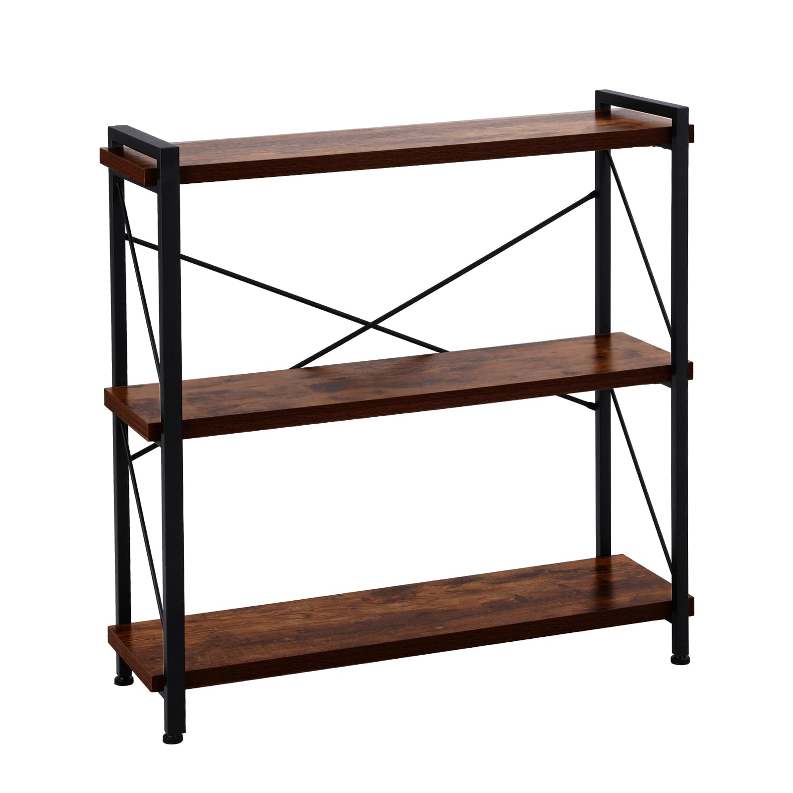 Bookshelf 3 Tier, Industrial Bookcase, Vintage Storage Rack with Open Shelves, Rustic Standing Bookshelves Metal Frame Display Rack Storage for Living Room, Bedroom, Dark Walnut Color