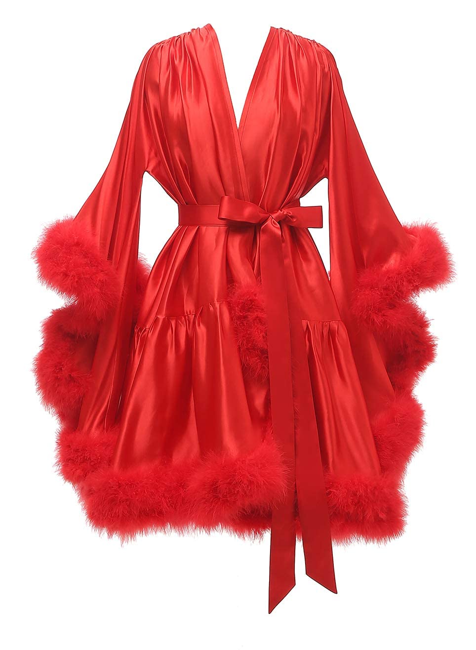 Changuan Women's Feather Robe Silk Satin Fur Bridal Robe Short Dressing Gown Lingerie Nightgown Bathrobe Sleepwear