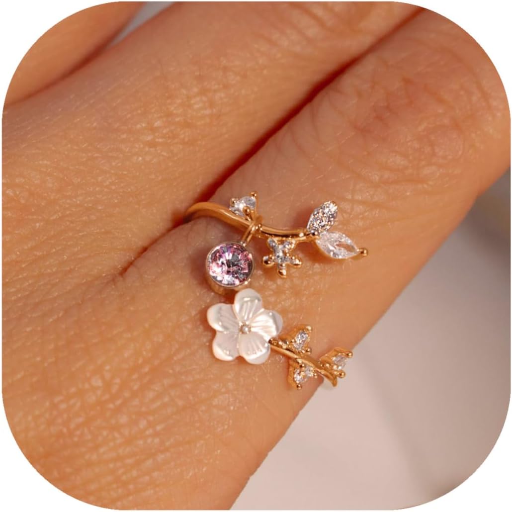 Birthstone Flower Rings For Women Non Tarnish Gemstone Cubic Zirconia Mother of Pearl Adjustable Size 7-11 Silver Rose 14K Gold Plated Birth Jewelry Gift For Birthday