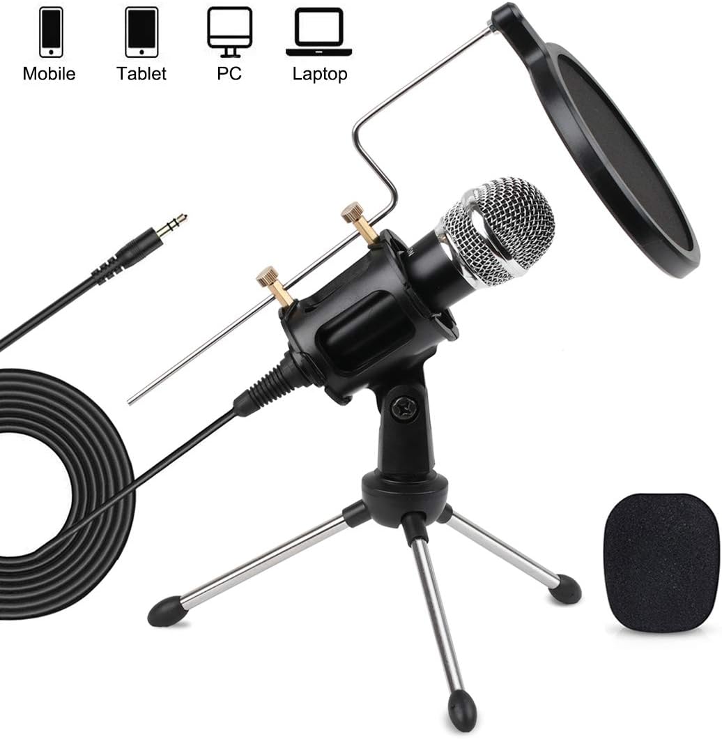 3.5mm PC Mobile Microphone Computer Condenser Studio Mic Plug & Play with Tripod Stand & Pop Filter for Chatting/Skype/YouTube/Recording/Gaming/Podcasting for Mobile PC Computer Notebook Mac iPhone