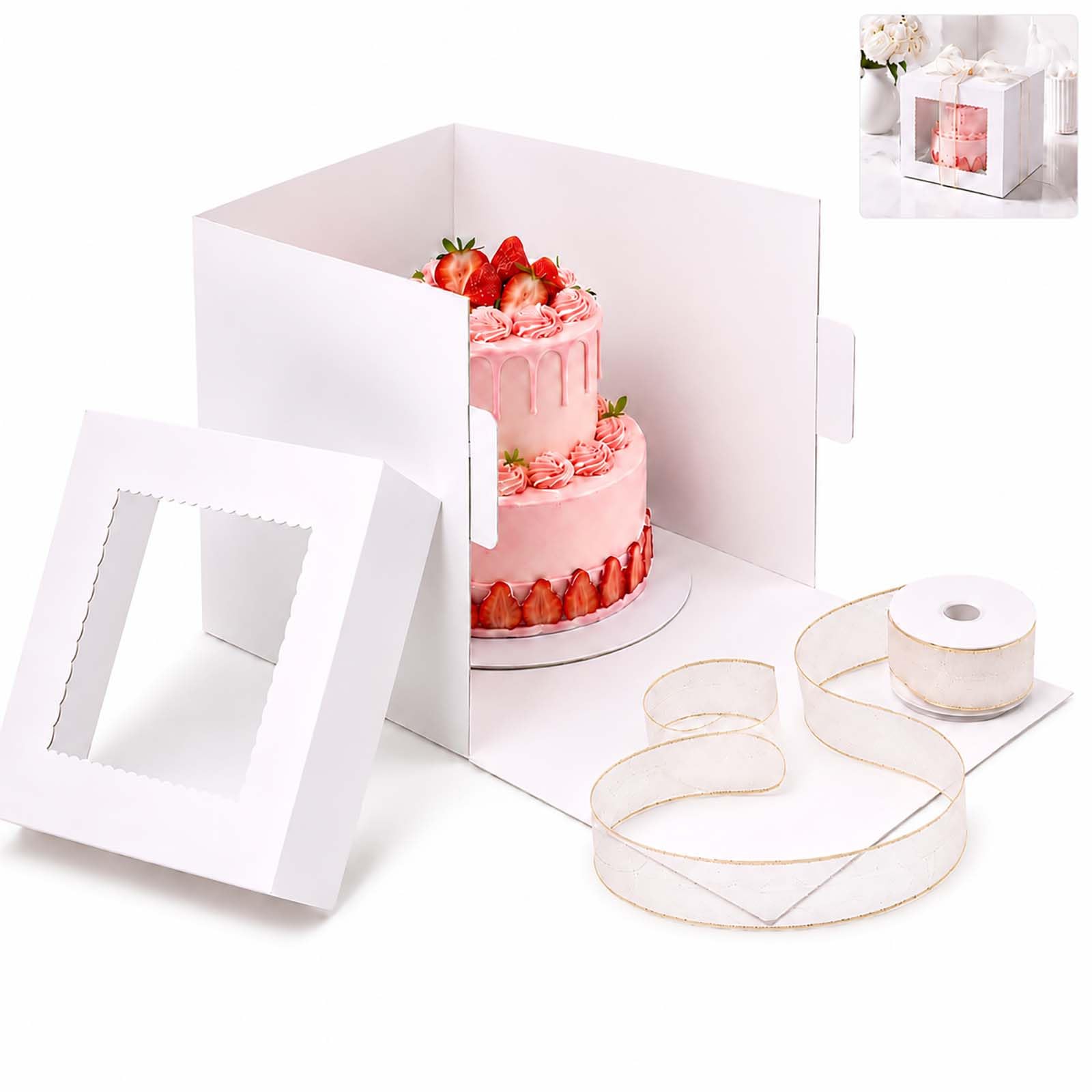 LMSAWK Set of 3 Cake Boxes with Cake Boards and Ribbons, 30.5 x 30.5 x 20.5 cm White Cardboard Cake Boxes with Clear Window for Wedding, Birthday Party and Desserts