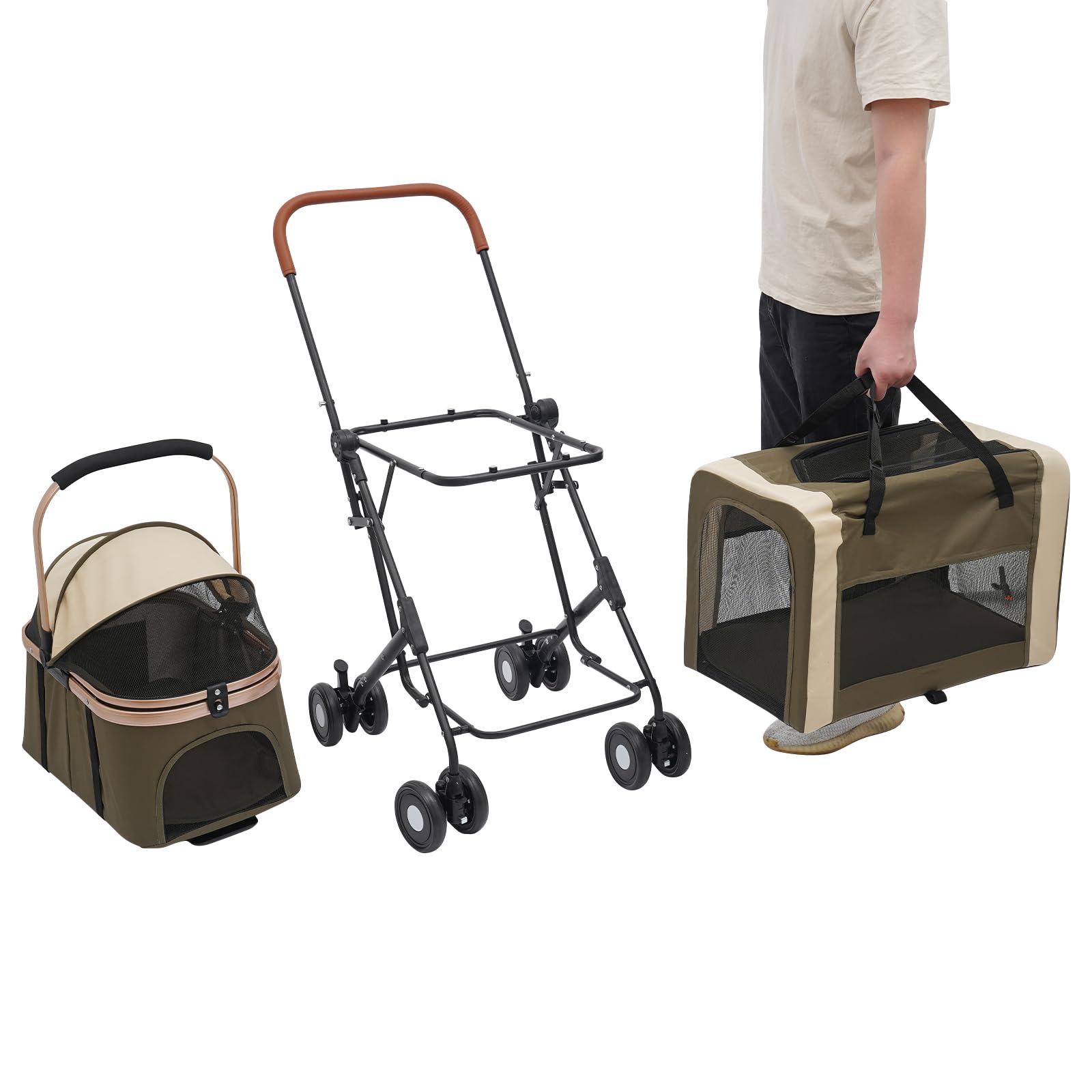 Passeggino per cani 3 in 1, 2 ripiani, con finestre a rete, tasche e imbottiture, Oxford e metallo, passeggino per animali domestici fino a 35 kg, pieghevole, per cani, gatti, animali domestici (verde
