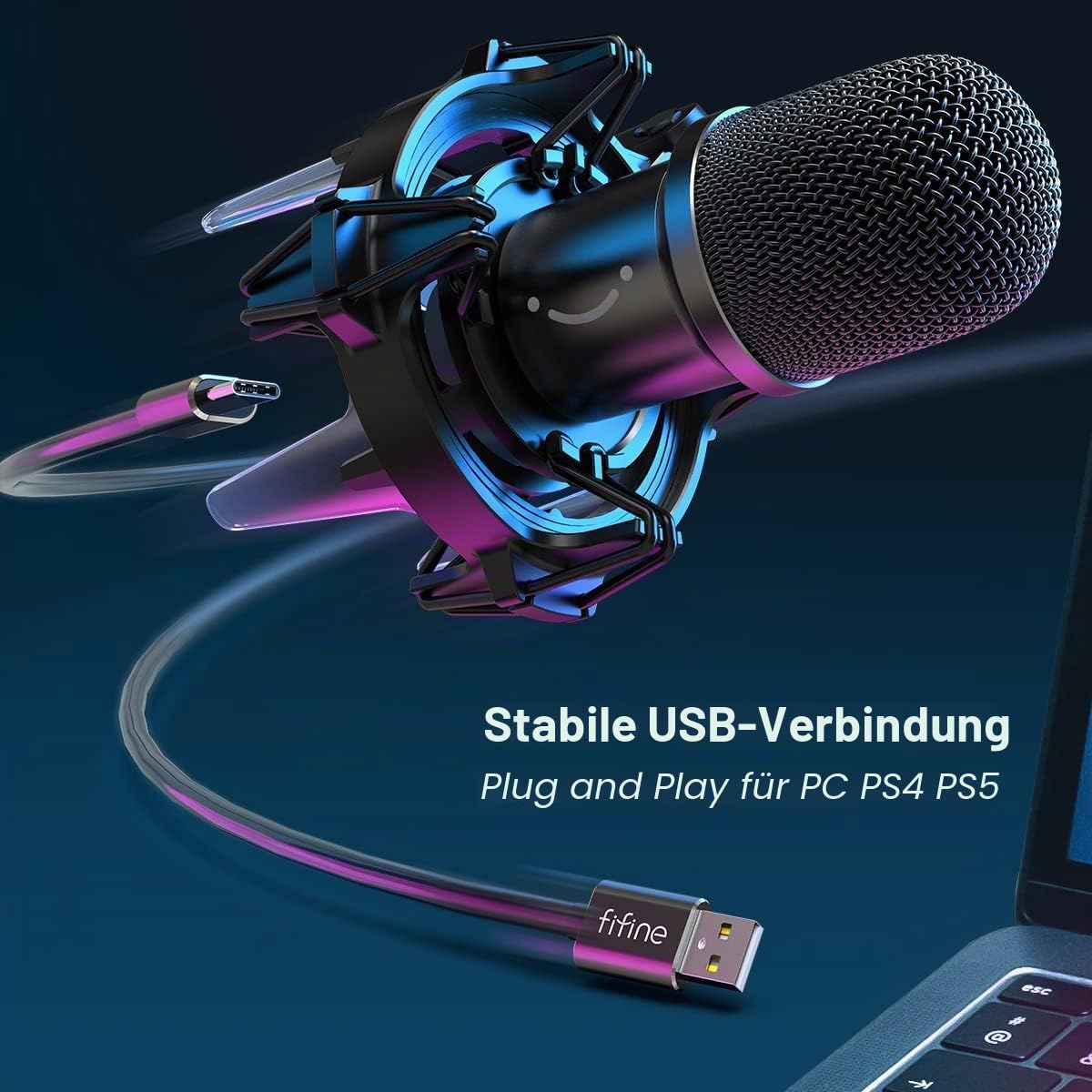 FIFINE Gaming Mikrofon PC mit Arm, 8 RGB Steuerungsmodi USB Microphone für MAC PS4 PS5, Dynamisches Microfon mit Mikrofonarm, Stummschalttaste, Shock Mount