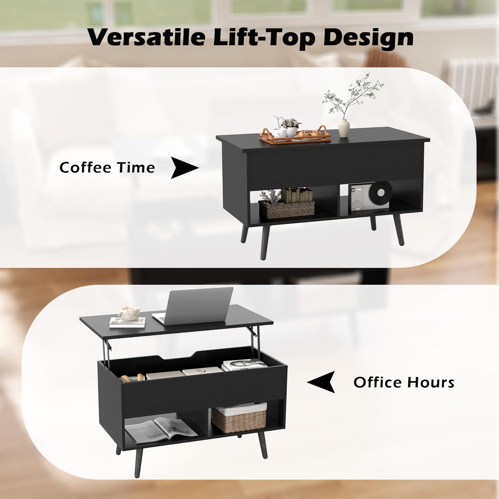 GIANTEX Tavolino da caffè con piano regolabile in altezza, tavolino da caffè e 2 ripiani aperti, tavolo da soggiorno allungabile, tavolino da tè moderno (nero)