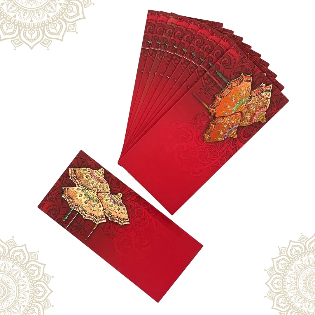 Confezione da 20 ombrelli di carta stampati, con finitura in velluto, buste Shagun con patta a soffietto Lifafa per regali Sagan, occasioni di matrimonio, contanti, soldi, 19 x 9,5 cm, colore rosso