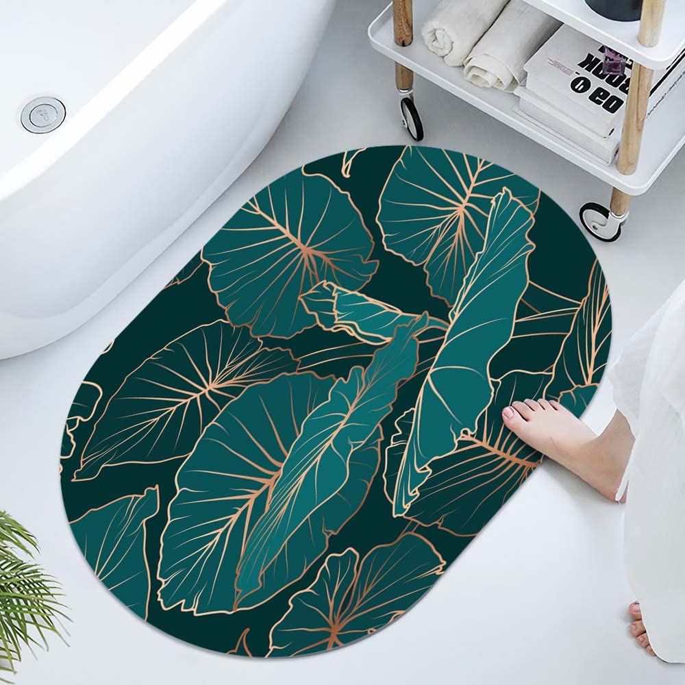 Super Absorbent Diatomaceous Earth Stone Bath Mat,Alocasia-Large-Green-Leaves Quick-Drying Bathroom Carpets,Non Slip Bathtub Floor Mat，Easy to Clean, Simple Kitchen Doormat(Oval 40×60cm)