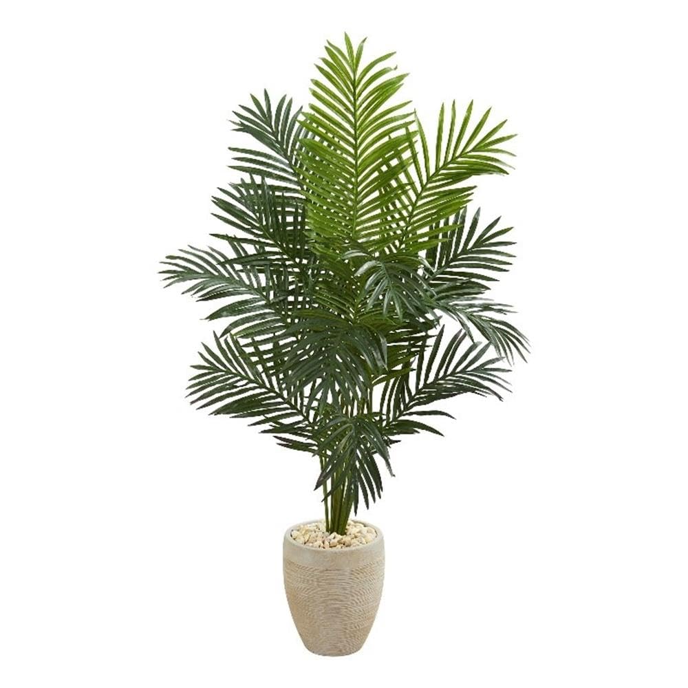 Nearly Natural 5.5ft. Paradise Palm Tree in Sand Colored Planter Artificial Plant, 26"D x 38"W x 5.5"H, Green
