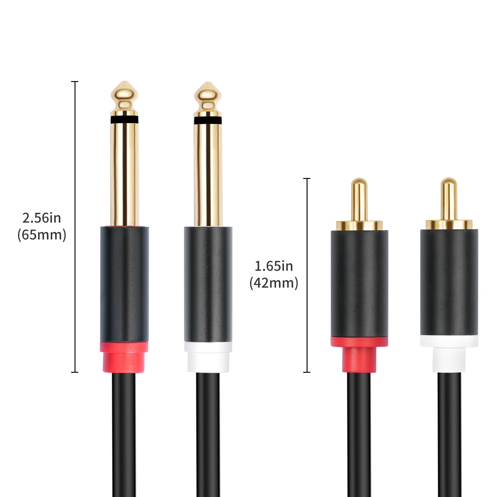 Cavo di interconnessione audio stereo doppio da 1/4 TS a doppio RCA, 1,5 m, guscio in rame placcato oro, resistente, 2 x 6,35 mm maschio TS a 2 RCA maschio cavo adattatore