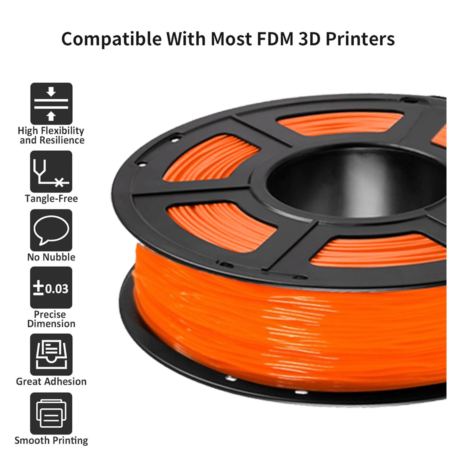 95A TPU-Filament, flexibles orangefarbenes Druckmaterial, 1,75 mm, kg | Weiche, elastische Textur, Maßgenauigkeit auf +/-0,03 mm kontrolliert