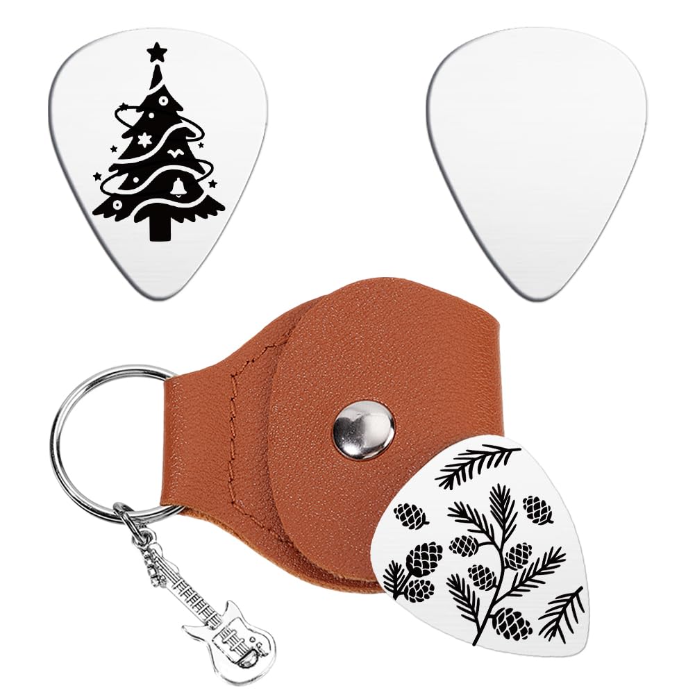 UNICRAFTALE 2Pcs 2 Styles Merry Christmas Tree Guitar Picks Stainless Steel Guitar Pick Keychain with Brown PU Leather Case Inspirational Plectrum Guitars Christmas for Musician Lover Gifts