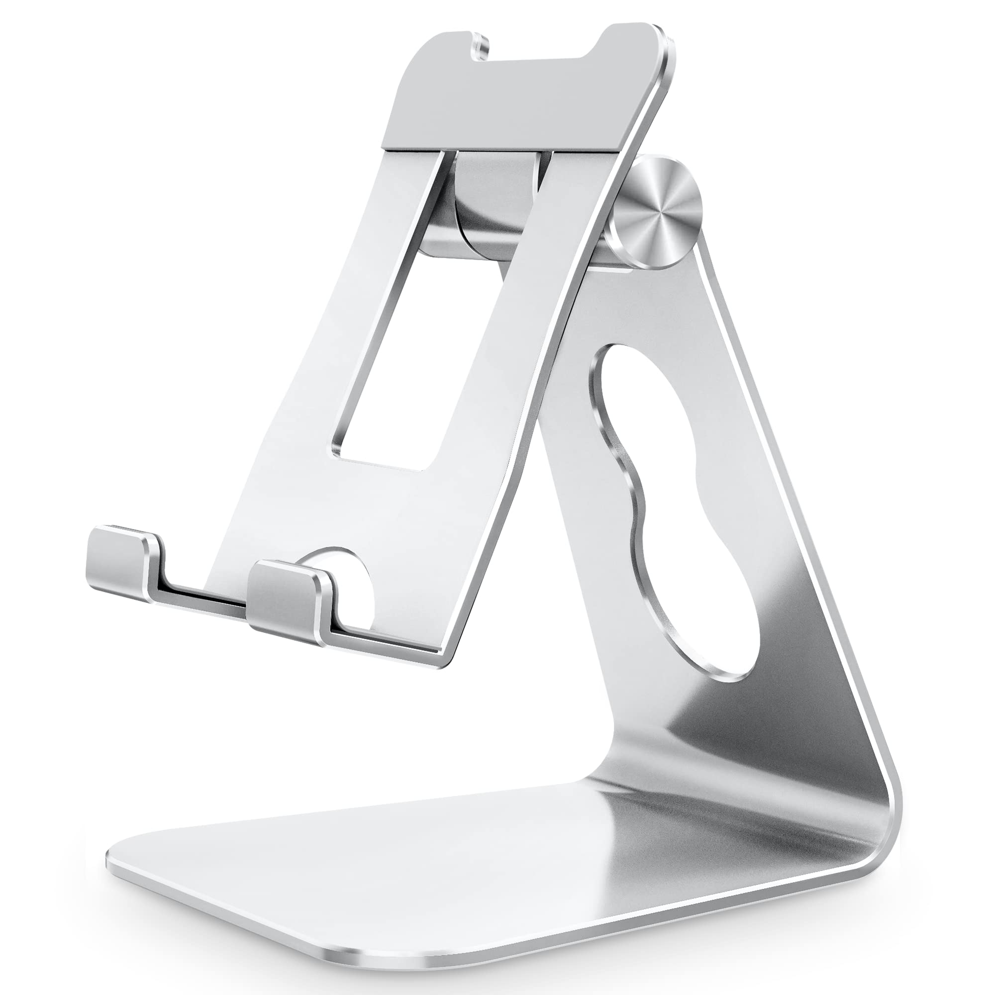 Adjustable Cell Phone Stand for Desk, CreaDream Aluminum Desktop Phone Holder with Bigger Body and Longer Arm, Supper Stability, Compatible with All Mobile Phones,iPhone,iPad,Tablet(4-10in), Silver