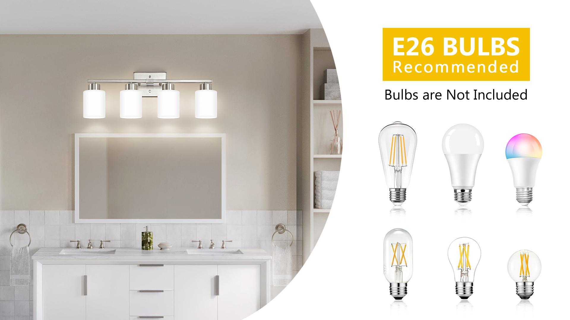 Image of FonmYim Brushed Nickel Bathroom Light Fixtures, 4-Light Modern Vanity Light Over Mirror, Wall Sconces with Milky White Frosted Glass Shades, E26 Socket (Bulbs Not Included)