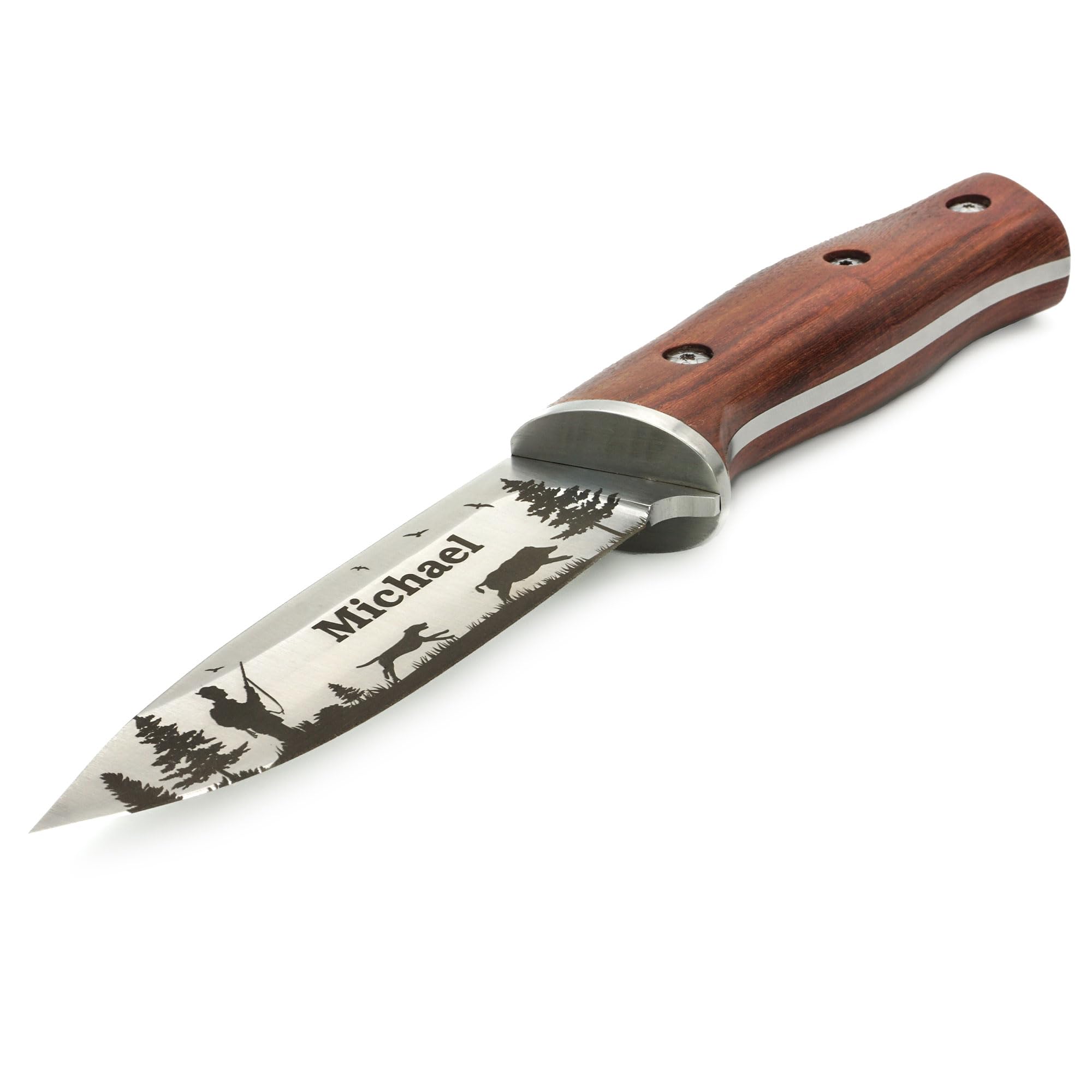 ADAM WILD Jagdmesser mit Gravur | personalisiert | Geschenke für Jäger | Wunschname graviert | rostfreier Edelstahl, Holzgriff & Lederscheide | Jagdzubehör & Geschenk zum Jagdschein