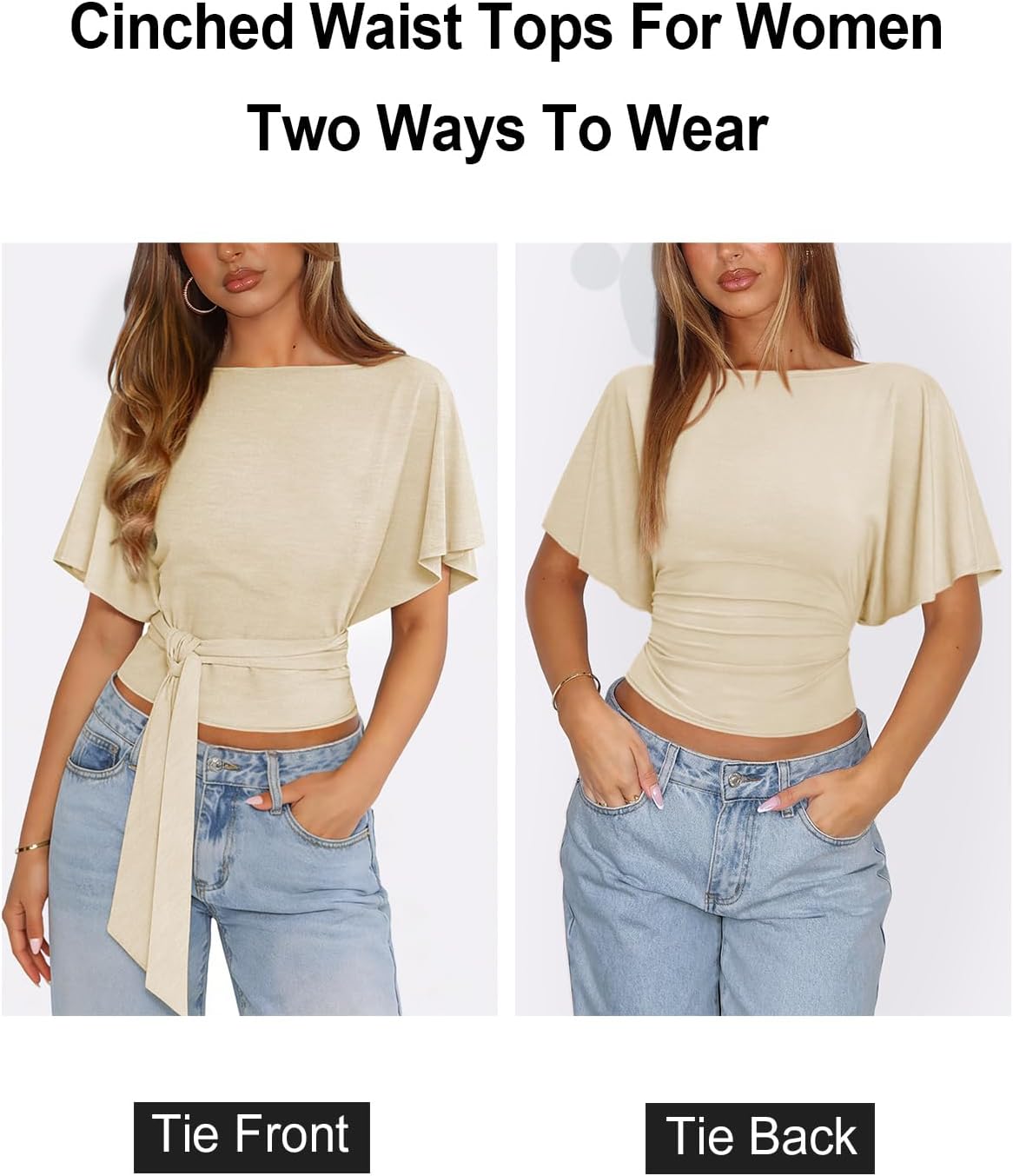 Womens Boat Neck Batwing Tops for Women Cinched Waist Top Tie Back Short Sleeve Shirts Business Casual Clothing - Image 3