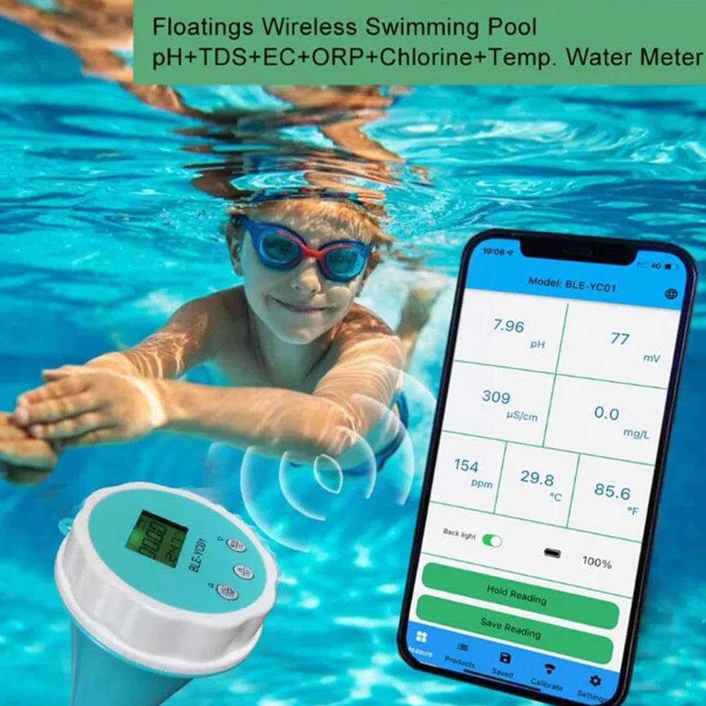 Tester miernika PH, Detektor monitorowania jakości wody w basenie 6 w 1 PH EC zdalny wyświetlacz temperatury TDS Viewin testowanie chloru podświetlenie LCD,Woda pitna, Hydroponika, SPA, Browarnictwo