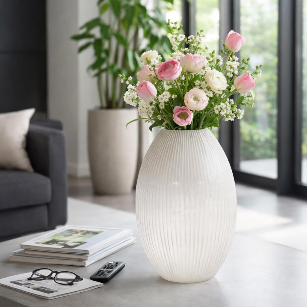 Textured Silhouette Glass Vase for Living Room and Home Decor - Decorative Flower Vase for Mantel, Bedroom or Office Display - Sculptural House Accent for Entryway Table Decor - 18", White