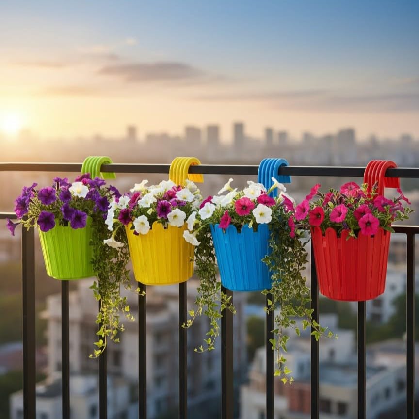 Image of Premium Multicolour Railing Planter with Hook - Durable Plastic Hanging Flower Pot for Balcony, Fence Design Gamla for Indoor /Outdoor Plants, Herbs & Creepers (5, Multicolour)