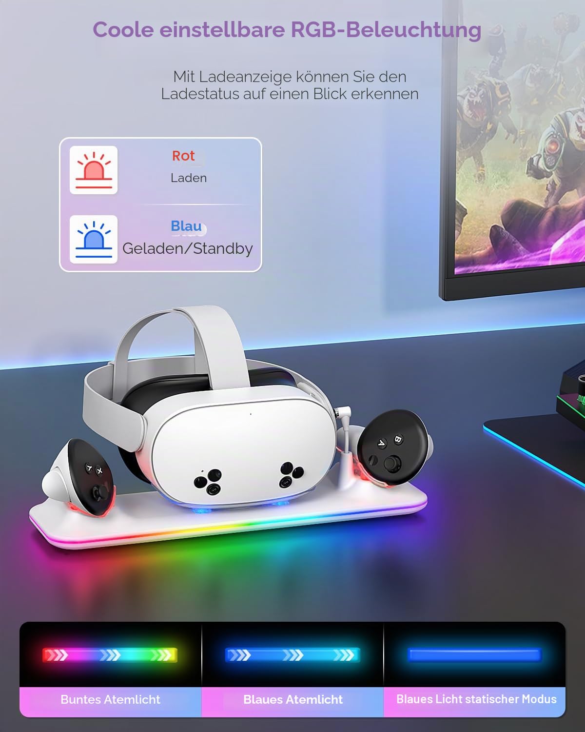 Ladestation für Meta Quest 3S/3, Kinwin Magnetische Ladestation für Oculus Quest 3S/3 Zubehör mit RGB Licht, Ladeständer für VR Headset und Controller mit 2 wiederaufladbaren Akkus